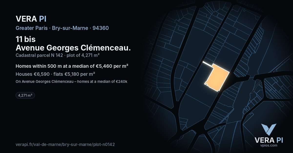 11 bis Avenue Georges Clémenceau, Bry-sur-Marne at night – the plot lit, the parcels around coloured by the prices near them