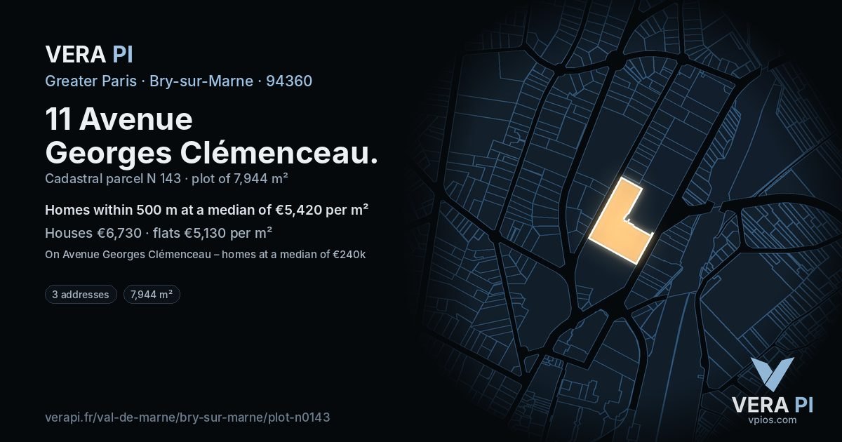 11 Avenue Georges Clémenceau, Bry-sur-Marne at night – the plot lit, the parcels around coloured by the prices near them