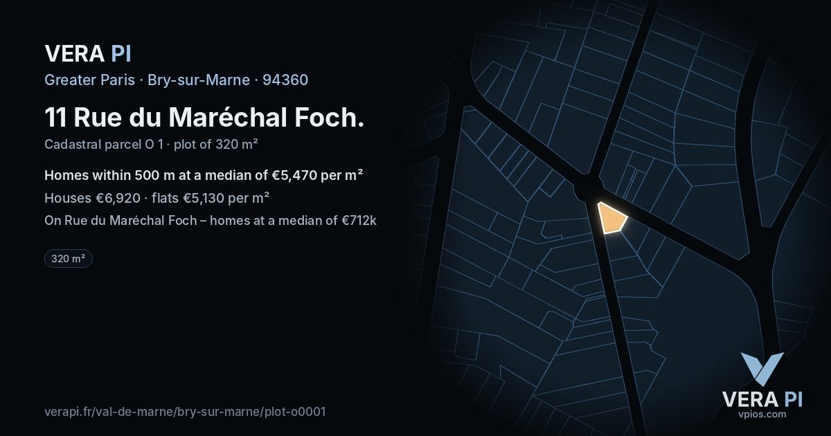 11 Rue du Maréchal Foch, Bry-sur-Marne at night – the plot lit, the parcels around coloured by the prices near them