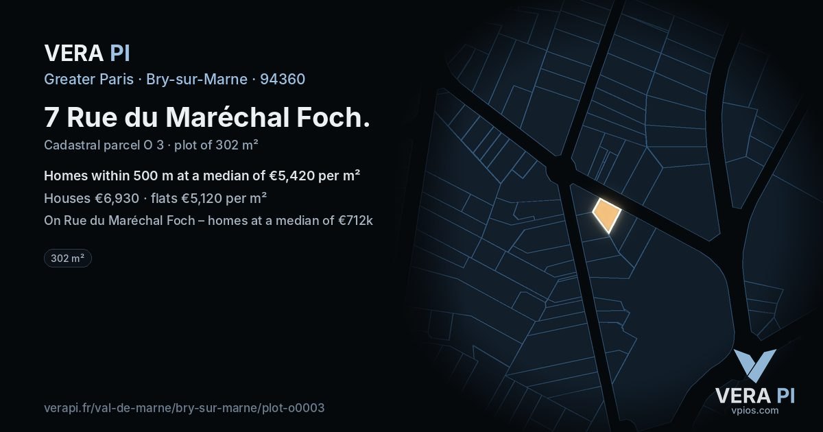 7 Rue du Maréchal Foch, Bry-sur-Marne at night – the plot lit, the parcels around coloured by the prices near them