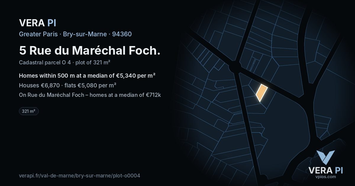 5 Rue du Maréchal Foch, Bry-sur-Marne at night – the plot lit, the parcels around coloured by the prices near them