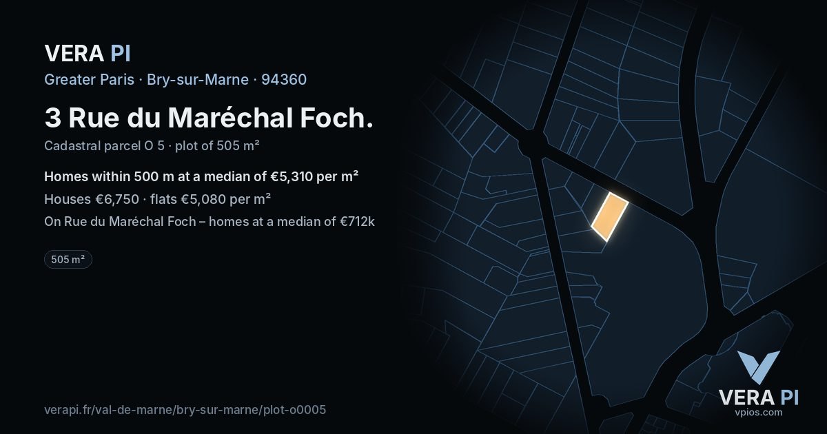 3 Rue du Maréchal Foch, Bry-sur-Marne at night – the plot lit, the parcels around coloured by the prices near them