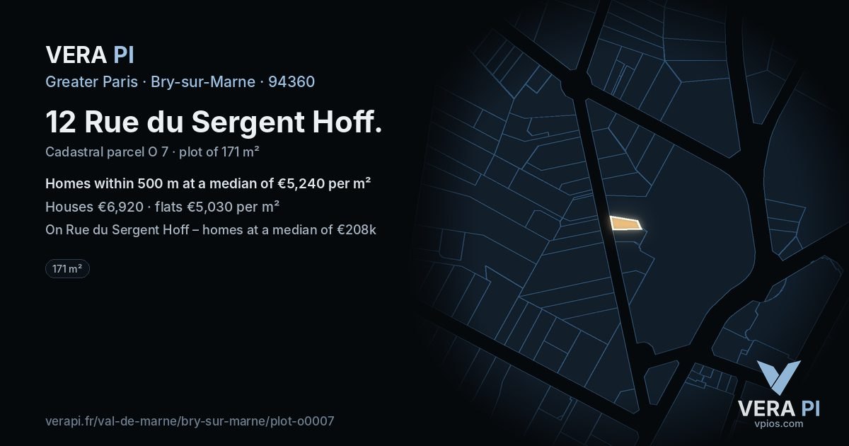 12 Rue du Sergent Hoff, Bry-sur-Marne at night – the plot lit, the parcels around coloured by the prices near them