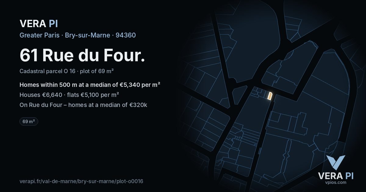 61 Rue du Four, Bry-sur-Marne at night – the plot lit, the parcels around coloured by the prices near them