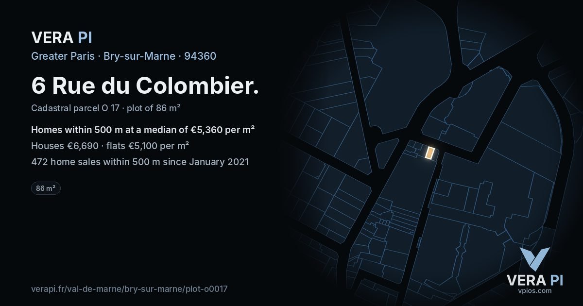 6 Rue du Colombier, Bry-sur-Marne at night – the plot lit, the parcels around coloured by the prices near them