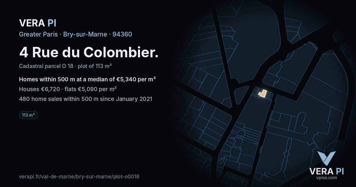 4 Rue du Colombier, Bry-sur-Marne at night – the plot lit, the parcels around coloured by the prices near them
