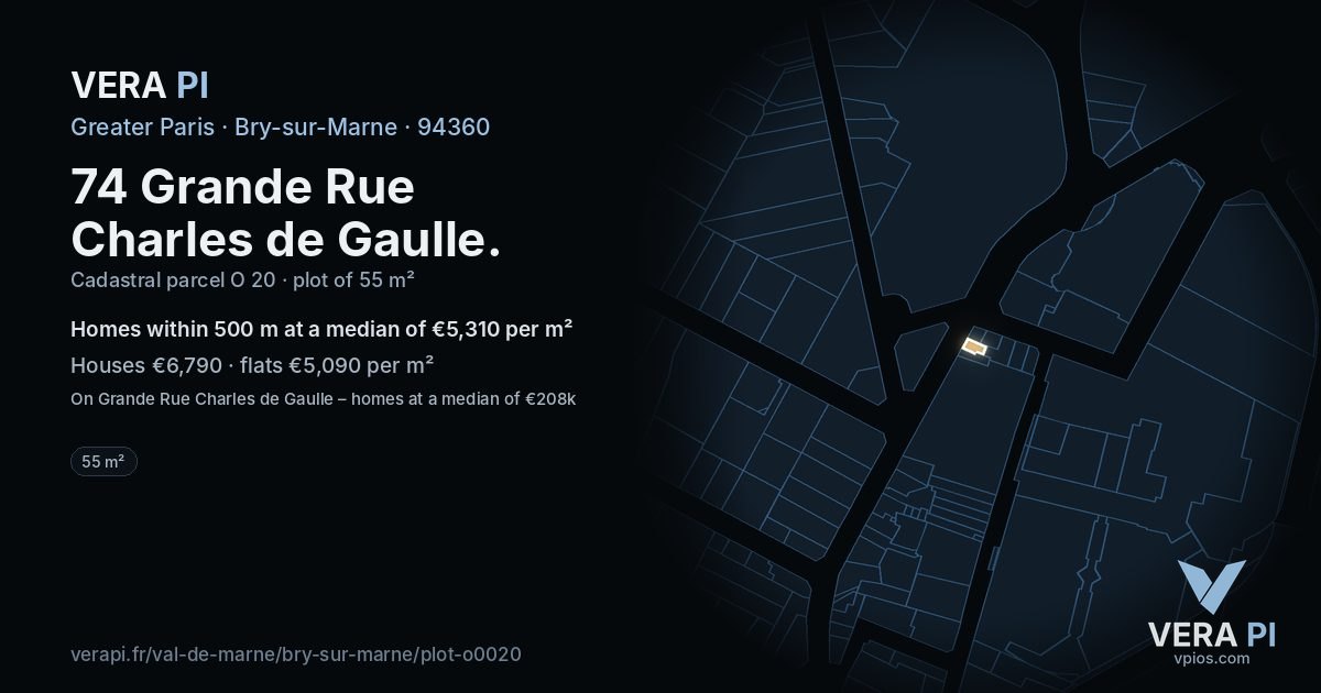 74 Grande Rue Charles de Gaulle, Bry-sur-Marne at night – the plot lit, the parcels around coloured by the prices near them