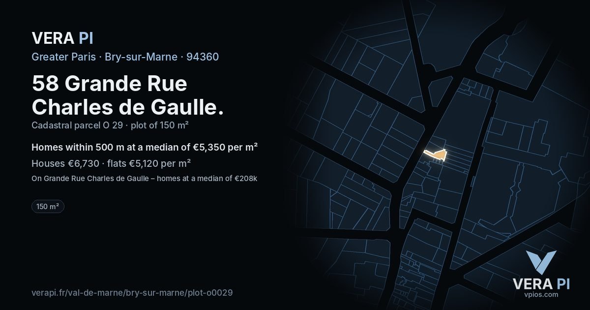 58 Grande Rue Charles de Gaulle, Bry-sur-Marne at night – the plot lit, the parcels around coloured by the prices near them
