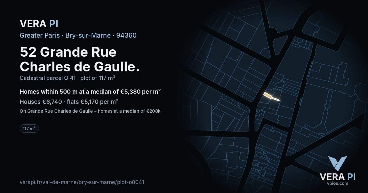 52 Grande Rue Charles de Gaulle, Bry-sur-Marne at night – the plot lit, the parcels around coloured by the prices near them