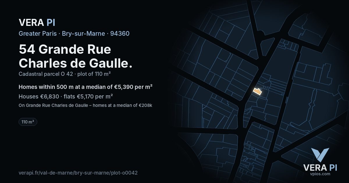 54 Grande Rue Charles de Gaulle, Bry-sur-Marne at night – the plot lit, the parcels around coloured by the prices near them
