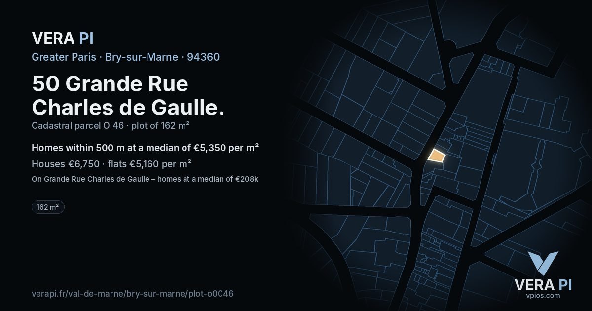50 Grande Rue Charles de Gaulle, Bry-sur-Marne at night – the plot lit, the parcels around coloured by the prices near them