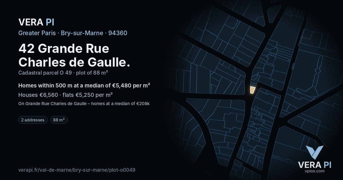 42 Grande Rue Charles de Gaulle, Bry-sur-Marne at night – the plot lit, the parcels around coloured by the prices near them