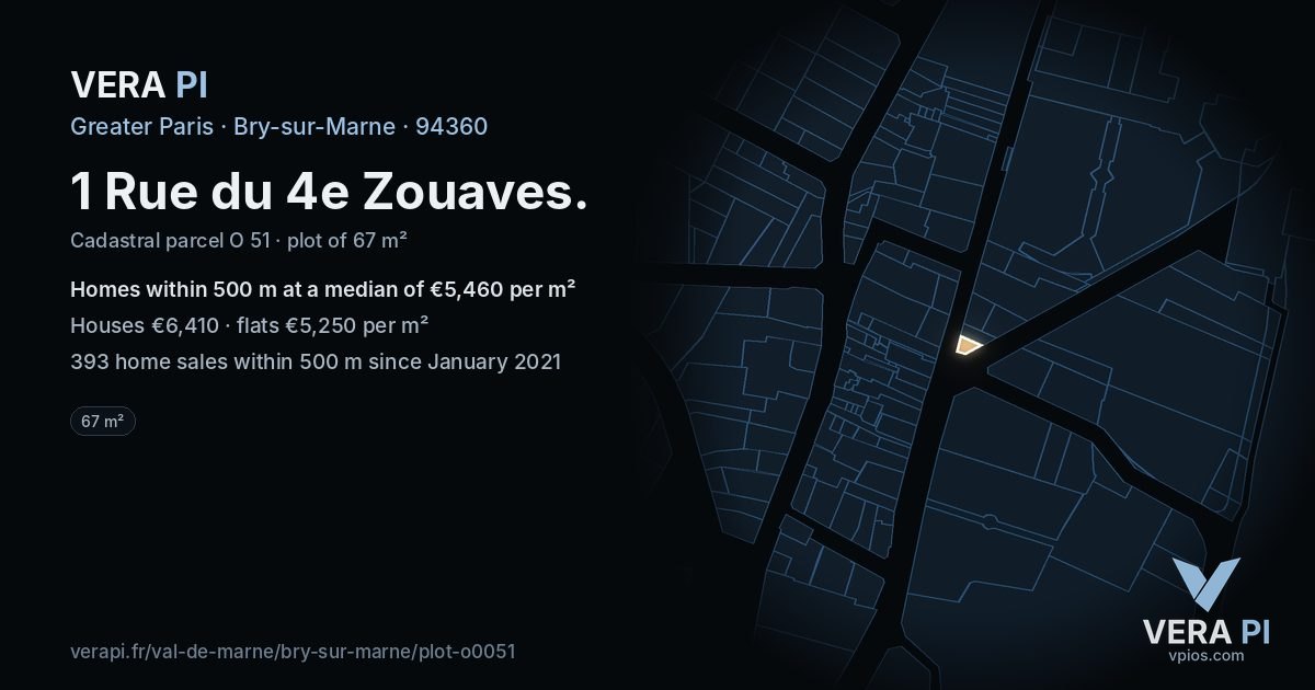 1 Rue du 4e Zouaves, Bry-sur-Marne at night – the plot lit, the parcels around coloured by the prices near them