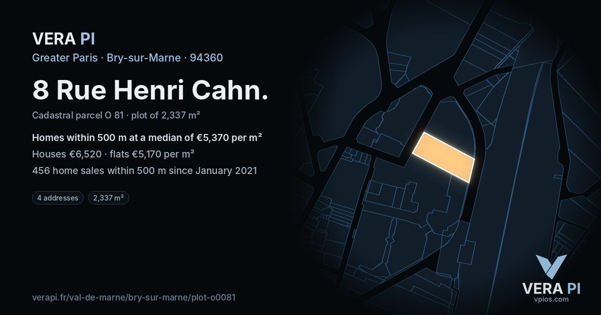 8 Rue Henri Cahn, Bry-sur-Marne at night – the plot lit, the parcels around coloured by the prices near them