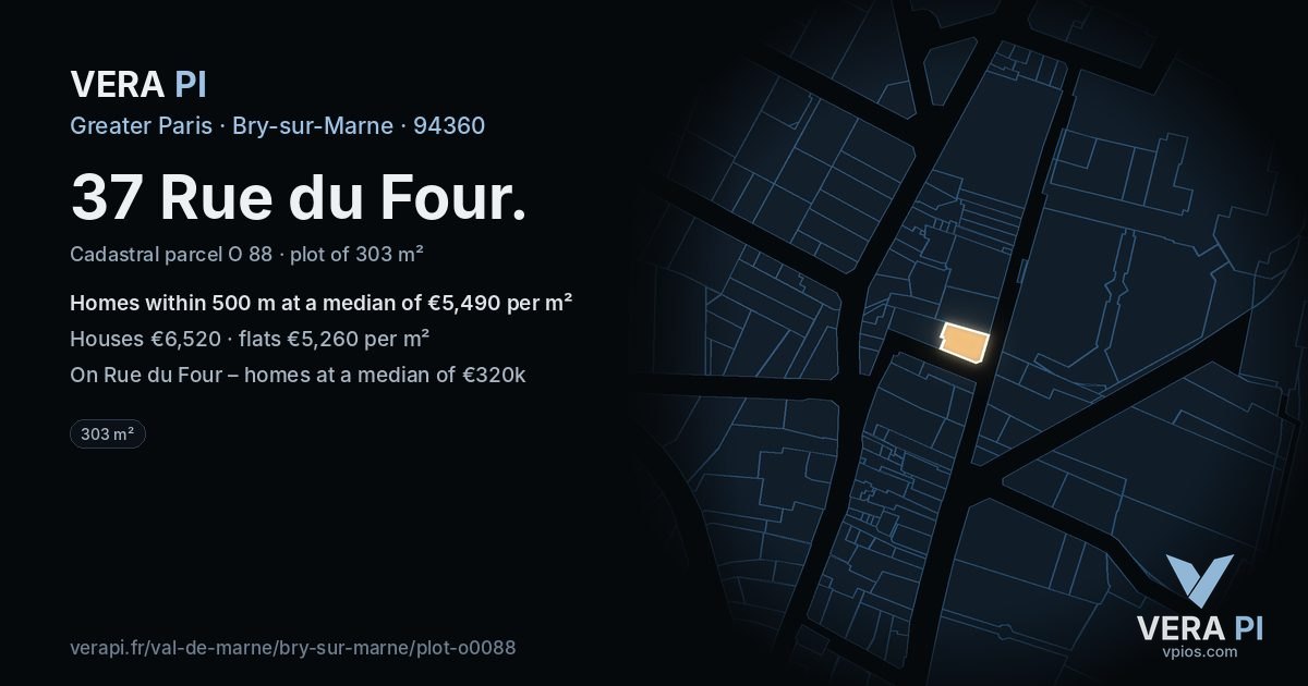 37 Rue du Four, Bry-sur-Marne at night – the plot lit, the parcels around coloured by the prices near them