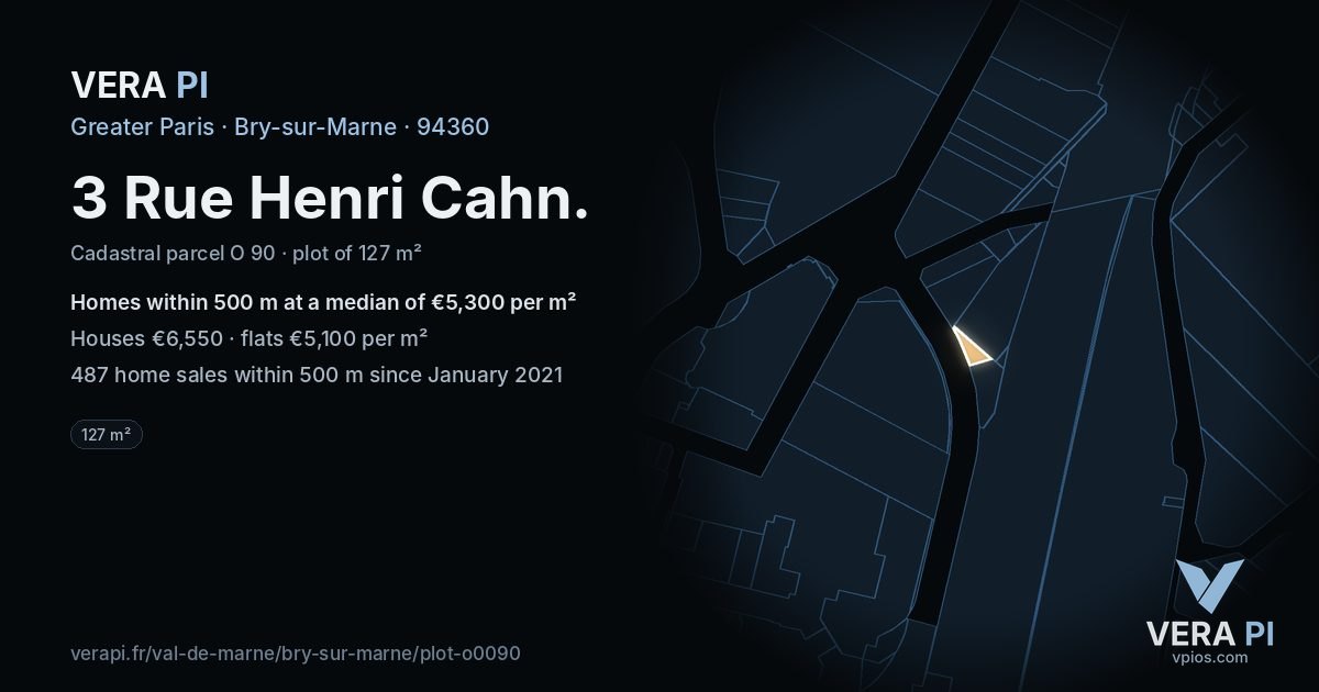 3 Rue Henri Cahn, Bry-sur-Marne at night – the plot lit, the parcels around coloured by the prices near them