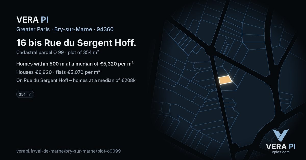 16 bis Rue du Sergent Hoff, Bry-sur-Marne at night – the plot lit, the parcels around coloured by the prices near them