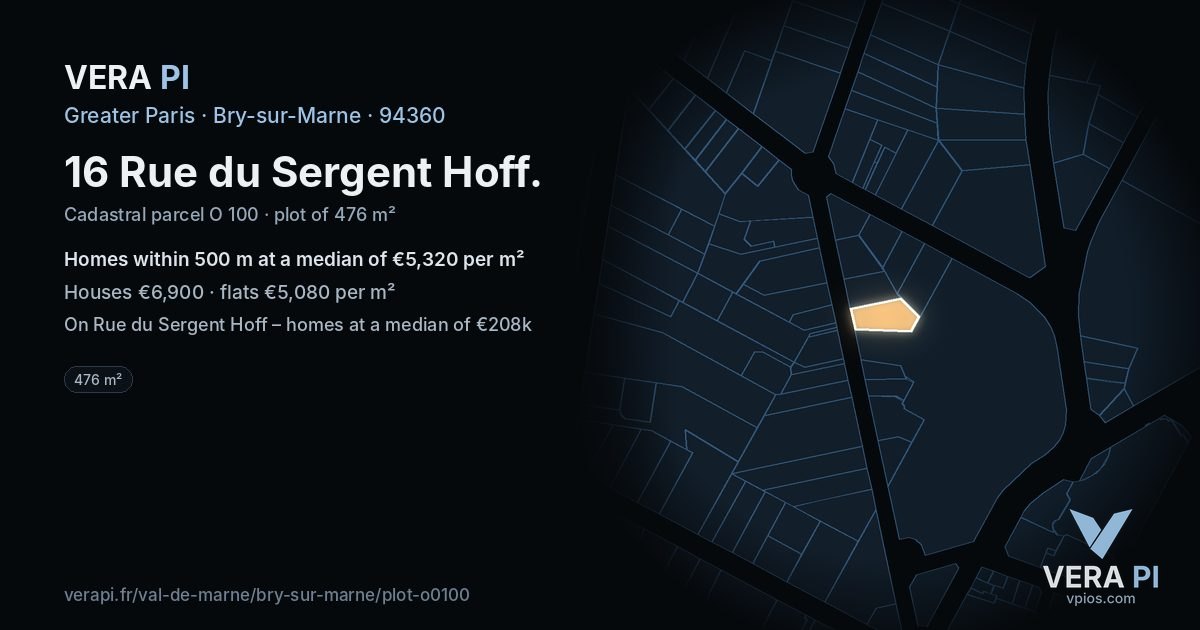 16 Rue du Sergent Hoff, Bry-sur-Marne at night – the plot lit, the parcels around coloured by the prices near them