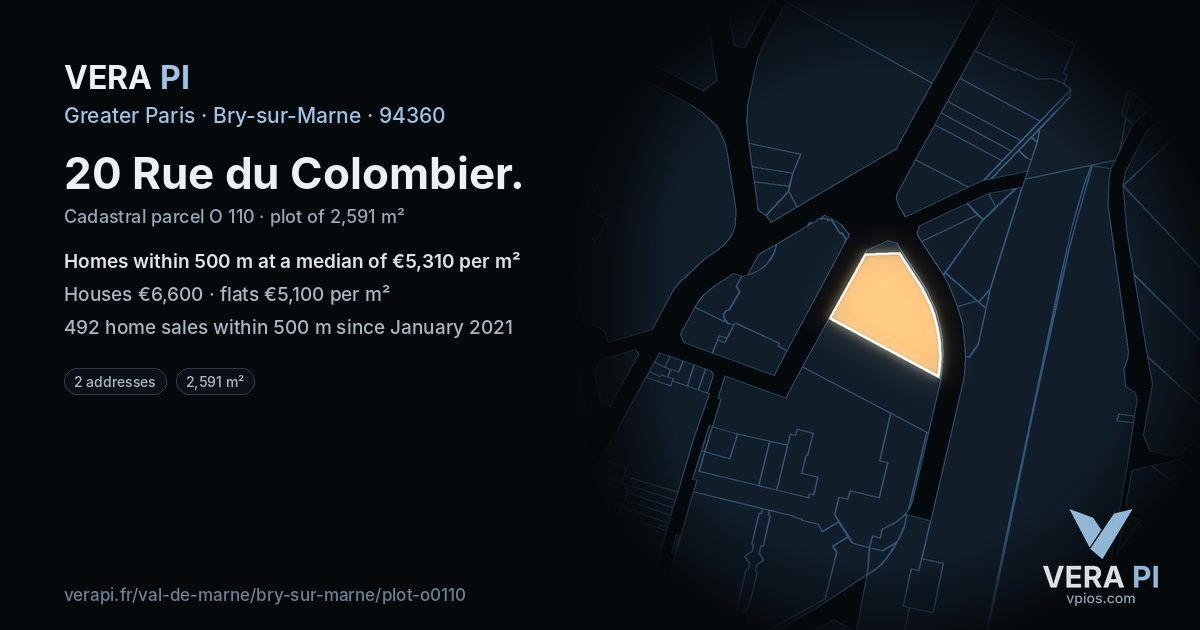 20 Rue du Colombier, Bry-sur-Marne at night – the plot lit, the parcels around coloured by the prices near them