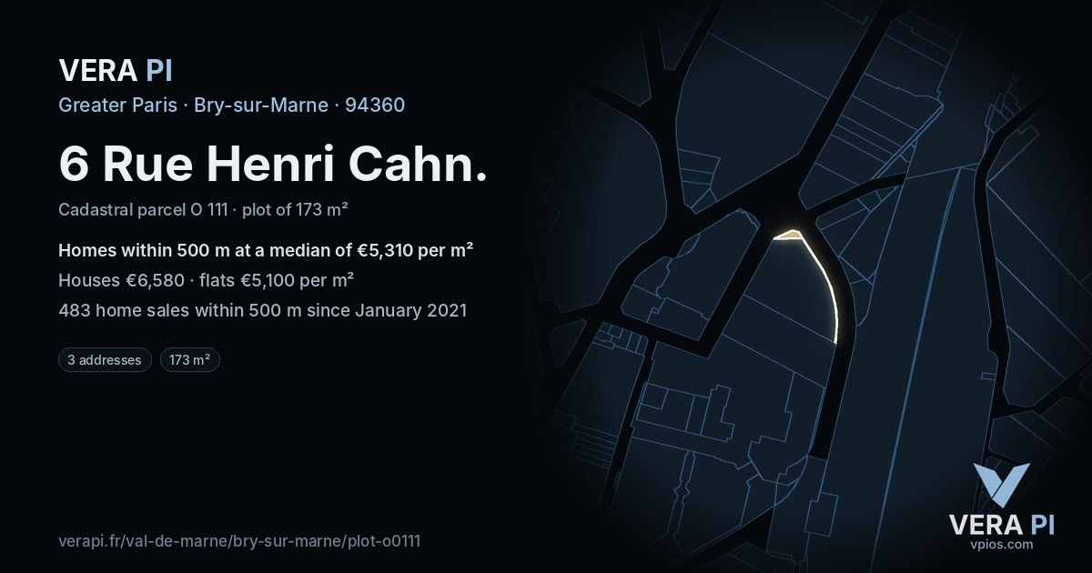 6 Rue Henri Cahn, Bry-sur-Marne at night – the plot lit, the parcels around coloured by the prices near them