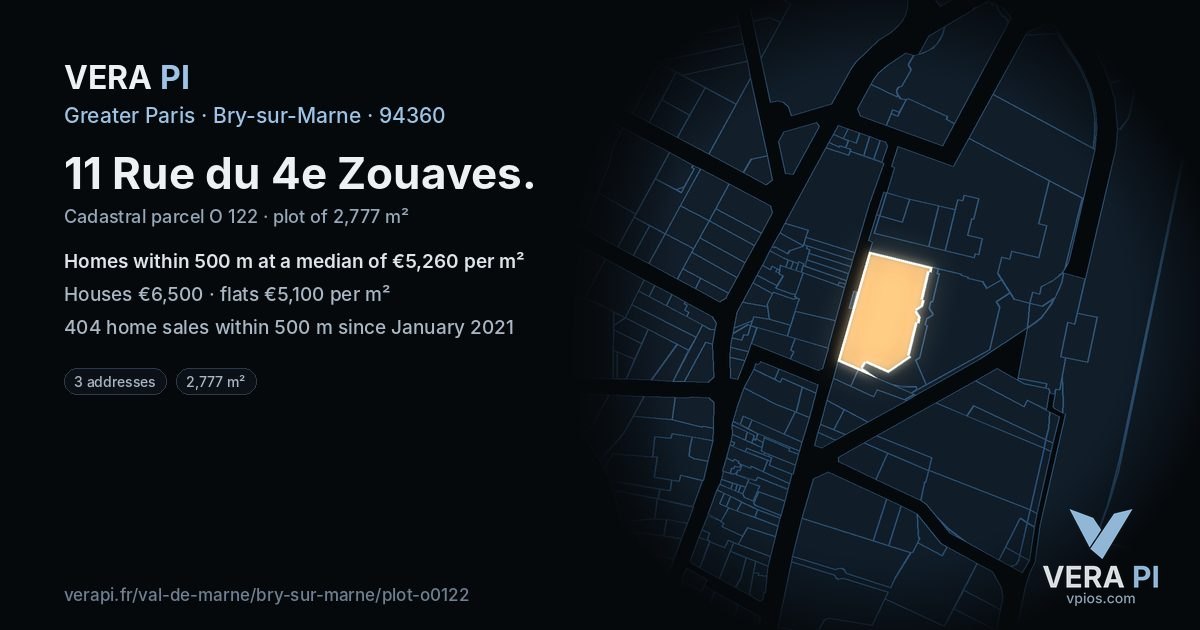 11 Rue du 4e Zouaves, Bry-sur-Marne at night – the plot lit, the parcels around coloured by the prices near them