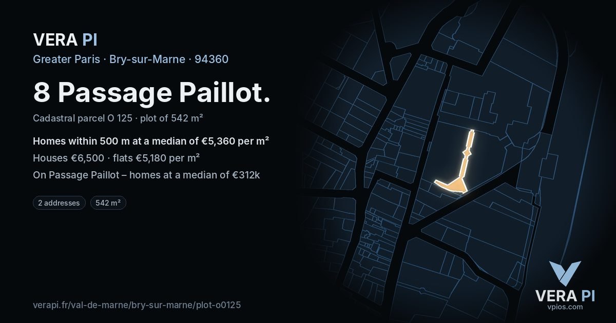 8 Passage Paillot, Bry-sur-Marne at night – the plot lit, the parcels around coloured by the prices near them