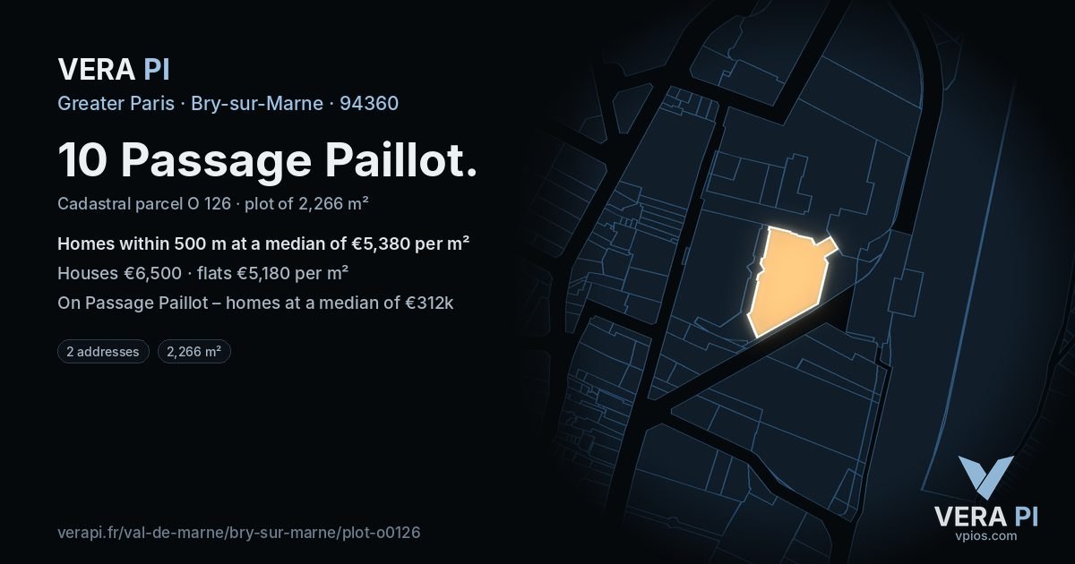 10 Passage Paillot, Bry-sur-Marne at night – the plot lit, the parcels around coloured by the prices near them