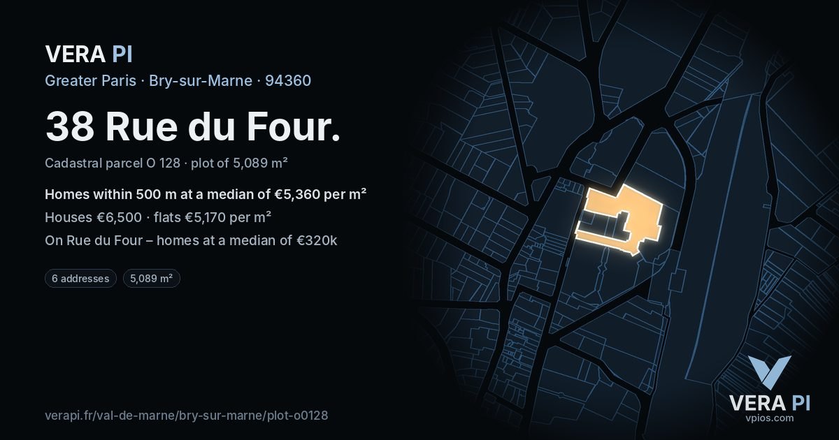 38 Rue du Four, Bry-sur-Marne at night – the plot lit, the parcels around coloured by the prices near them