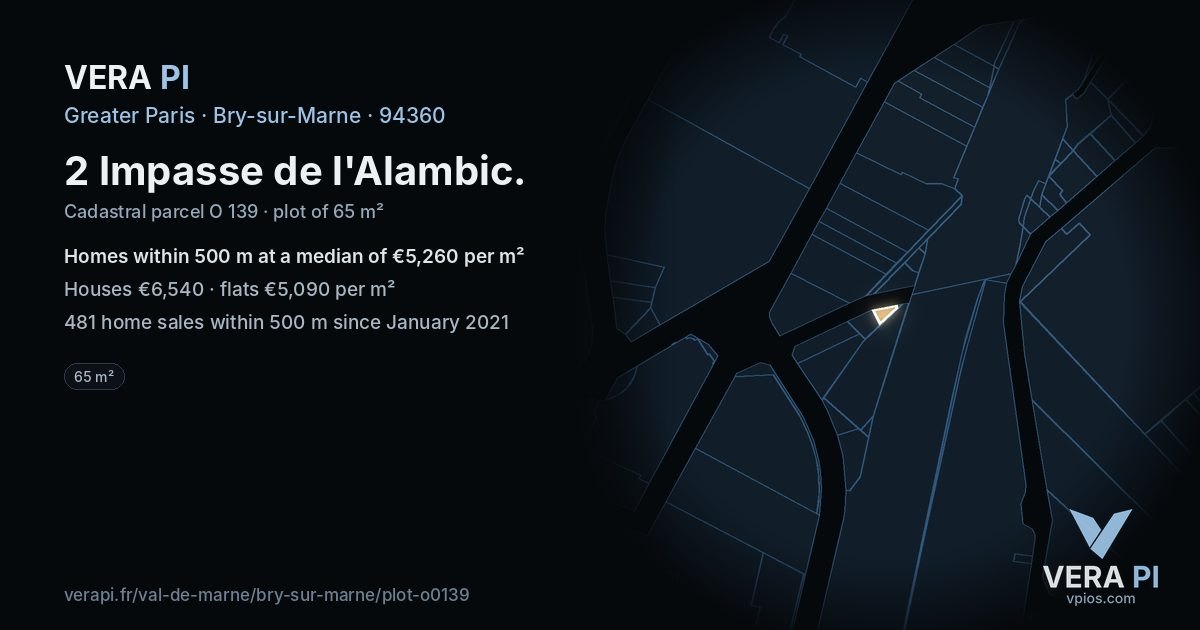 2 Impasse de l'Alambic, Bry-sur-Marne at night – the plot lit, the parcels around coloured by the prices near them