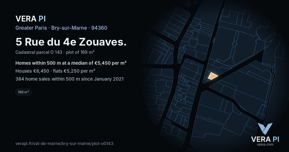 5 Rue du 4e Zouaves, Bry-sur-Marne at night – the plot lit, the parcels around coloured by the prices near them