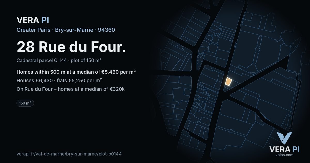 28 Rue du Four, Bry-sur-Marne at night – the plot lit, the parcels around coloured by the prices near them