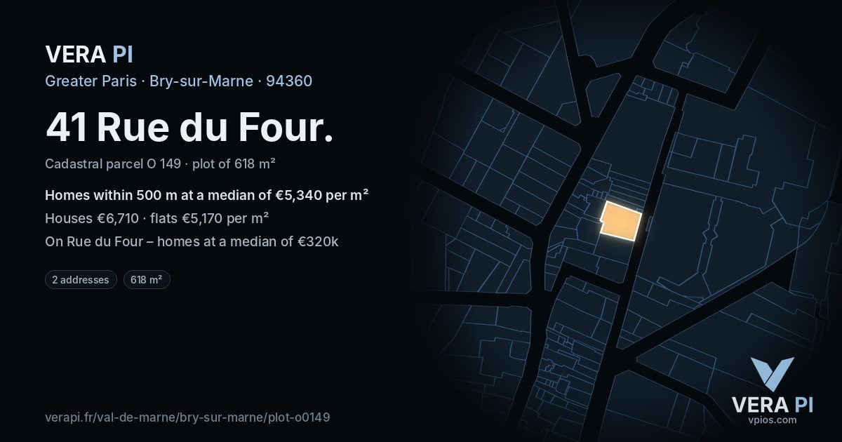 41 Rue du Four, Bry-sur-Marne at night – the plot lit, the parcels around coloured by the prices near them