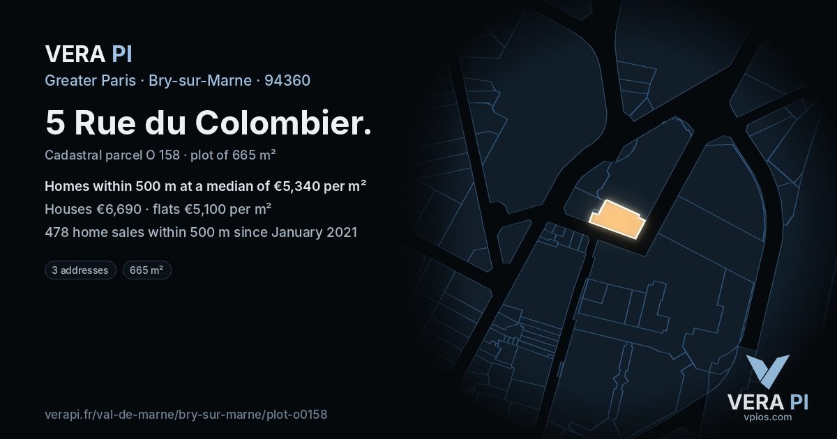 5 Rue du Colombier, Bry-sur-Marne at night – the plot lit, the parcels around coloured by the prices near them