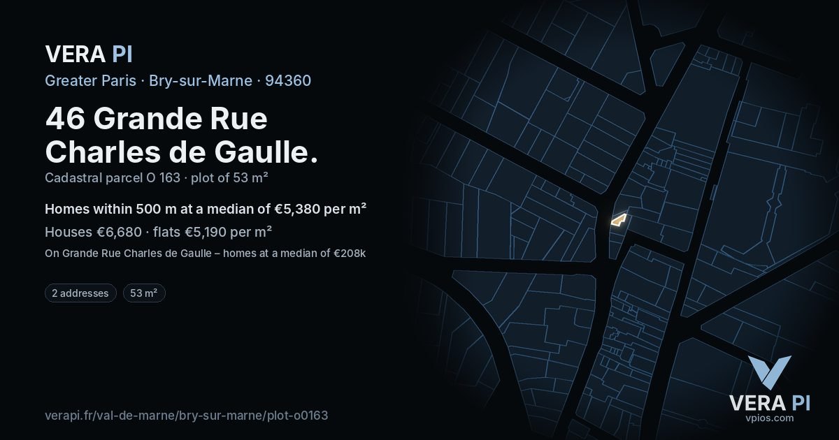 46 Grande Rue Charles de Gaulle, Bry-sur-Marne at night – the plot lit, the parcels around coloured by the prices near them