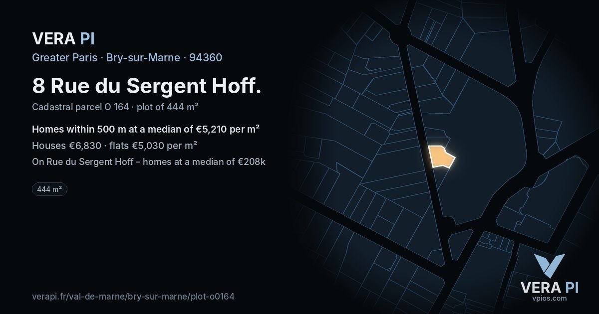 8 Rue du Sergent Hoff, Bry-sur-Marne at night – the plot lit, the parcels around coloured by the prices near them