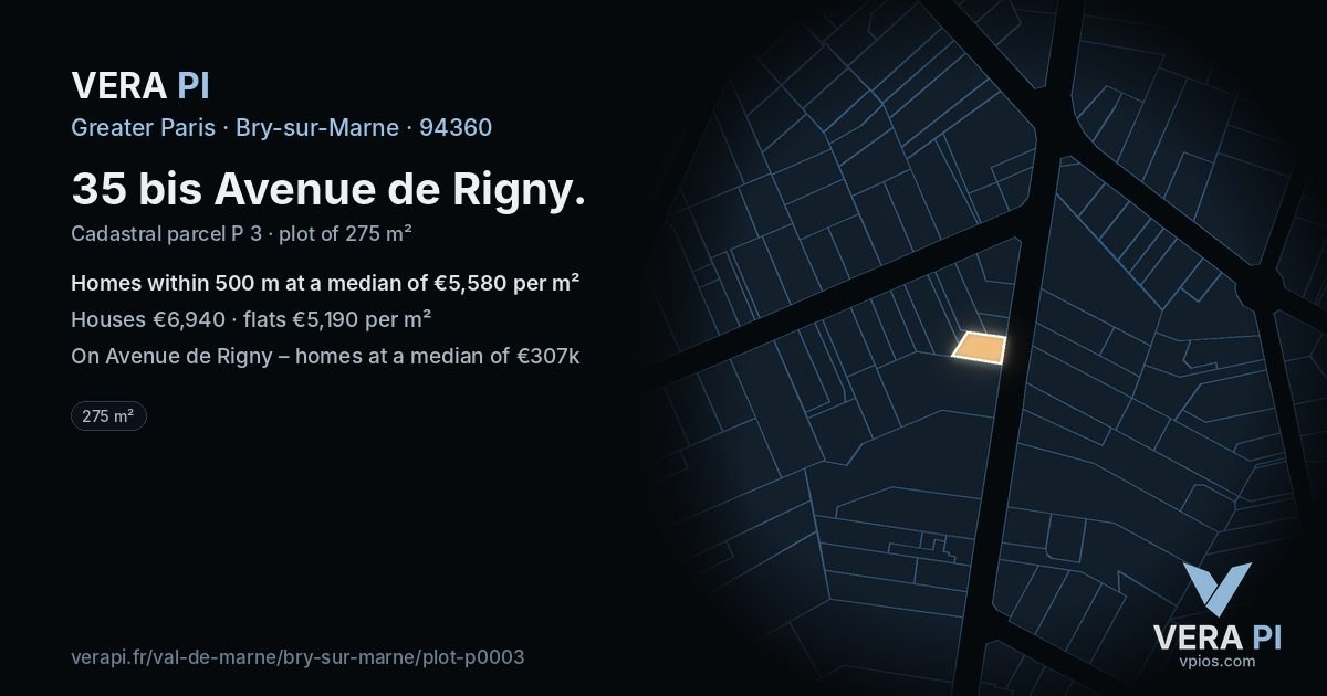 35 bis Avenue de Rigny, Bry-sur-Marne at night – the plot lit, the parcels around coloured by the prices near them