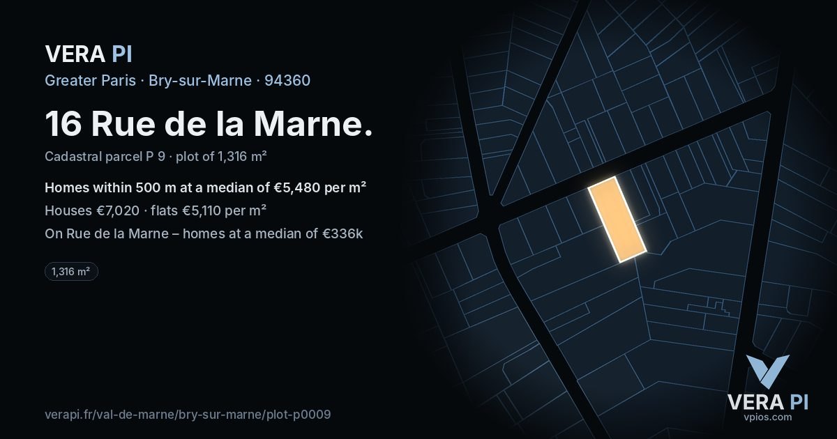 16 Rue de la Marne, Bry-sur-Marne at night – the plot lit, the parcels around coloured by the prices near them
