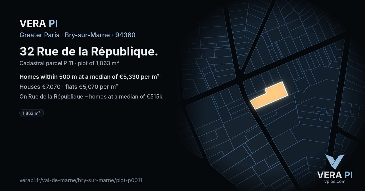 32 Rue de la République, Bry-sur-Marne at night – the plot lit, the parcels around coloured by the prices near them