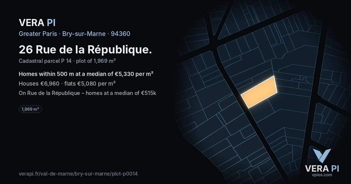 26 Rue de la République, Bry-sur-Marne at night – the plot lit, the parcels around coloured by the prices near them
