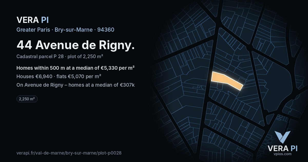 44 Avenue de Rigny, Bry-sur-Marne at night – the plot lit, the parcels around coloured by the prices near them