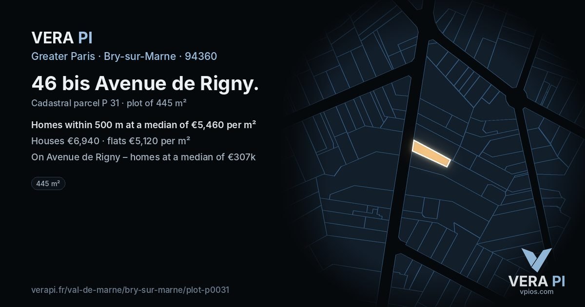 46 bis Avenue de Rigny, Bry-sur-Marne at night – the plot lit, the parcels around coloured by the prices near them