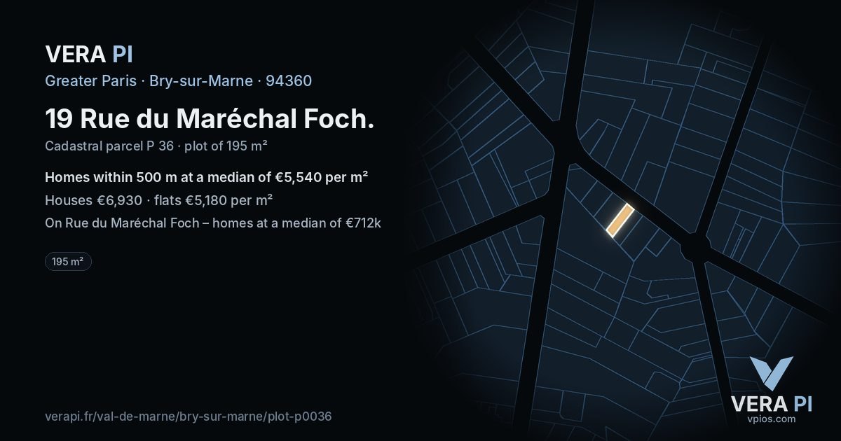 19 Rue du Maréchal Foch, Bry-sur-Marne at night – the plot lit, the parcels around coloured by the prices near them