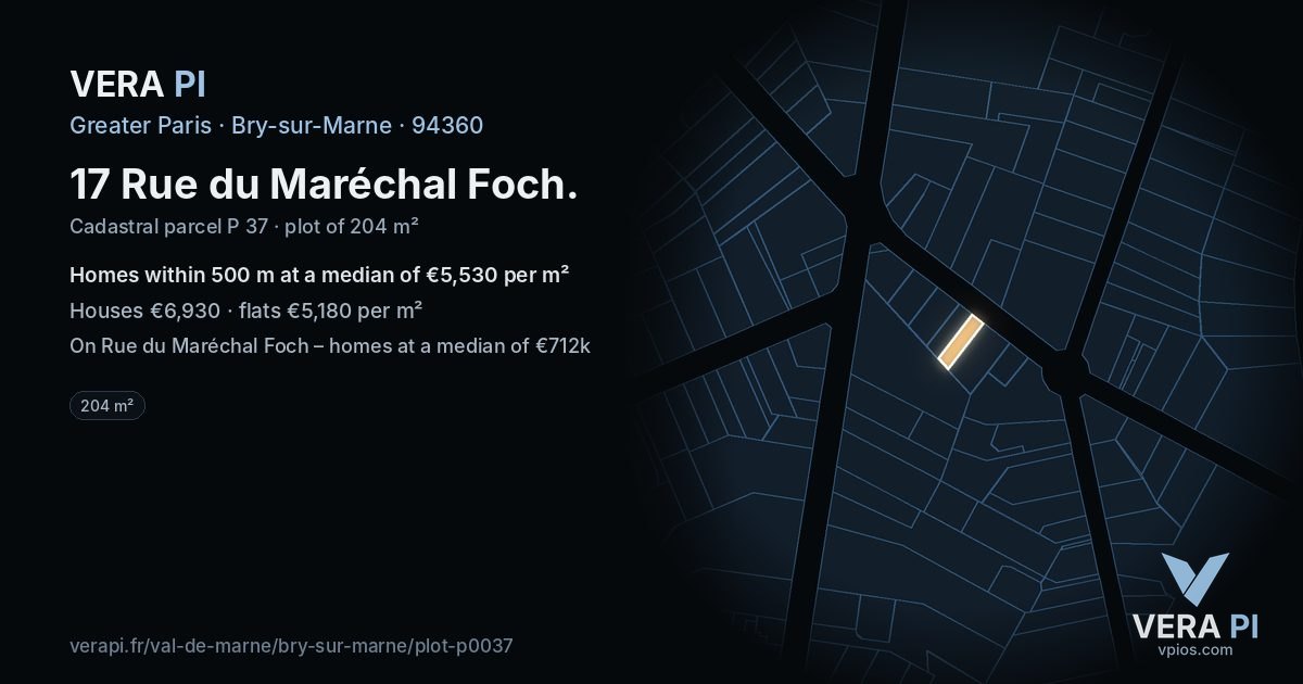 17 Rue du Maréchal Foch, Bry-sur-Marne at night – the plot lit, the parcels around coloured by the prices near them
