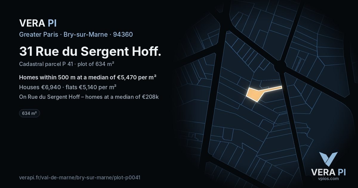 31 Rue du Sergent Hoff, Bry-sur-Marne at night – the plot lit, the parcels around coloured by the prices near them