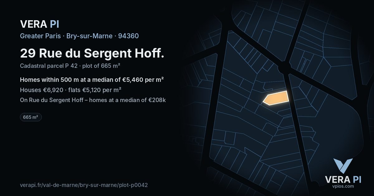 29 Rue du Sergent Hoff, Bry-sur-Marne at night – the plot lit, the parcels around coloured by the prices near them