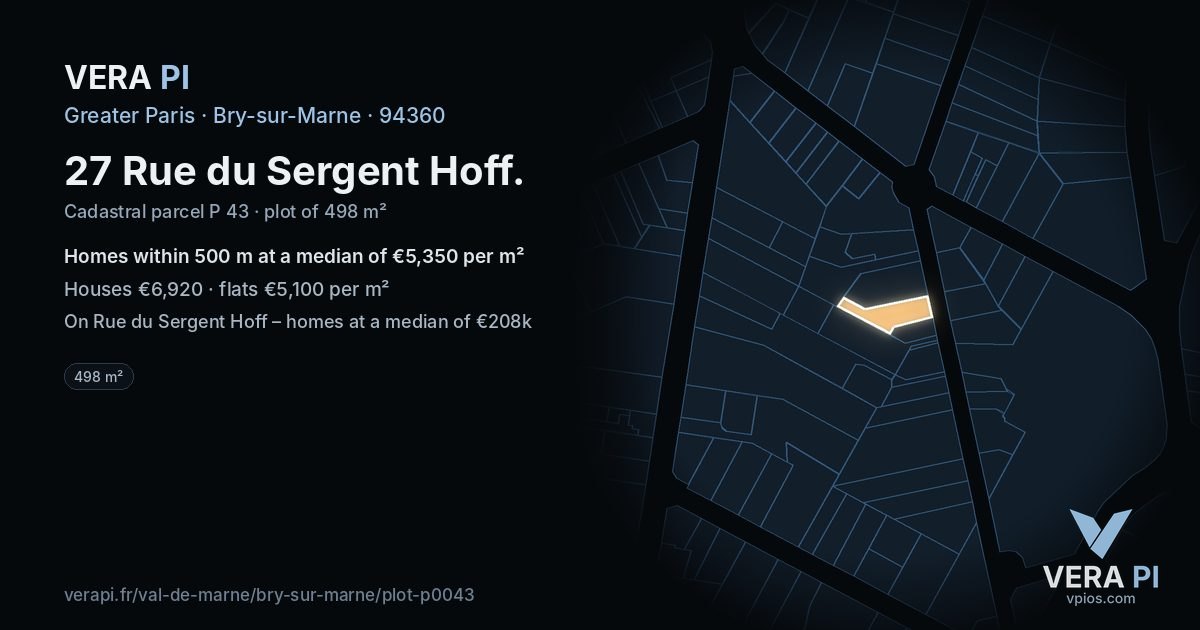 27 Rue du Sergent Hoff, Bry-sur-Marne at night – the plot lit, the parcels around coloured by the prices near them