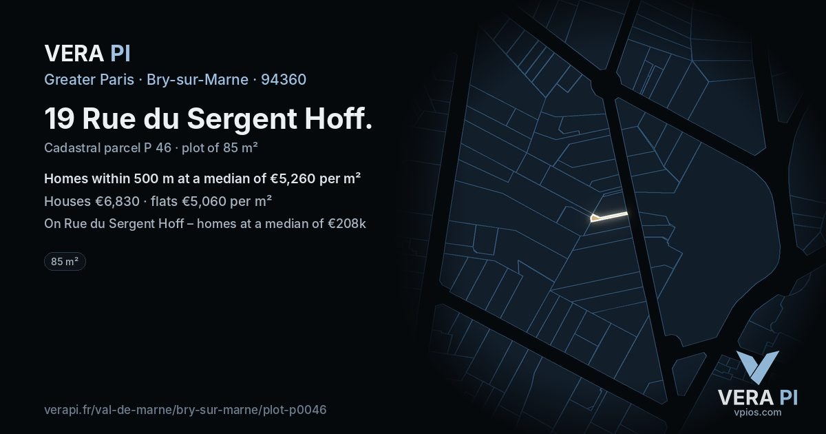 19 Rue du Sergent Hoff, Bry-sur-Marne at night – the plot lit, the parcels around coloured by the prices near them
