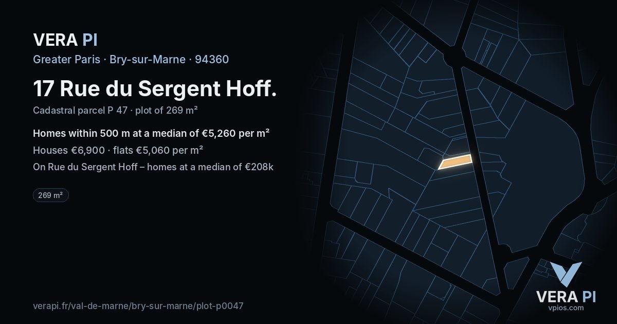 17 Rue du Sergent Hoff, Bry-sur-Marne at night – the plot lit, the parcels around coloured by the prices near them