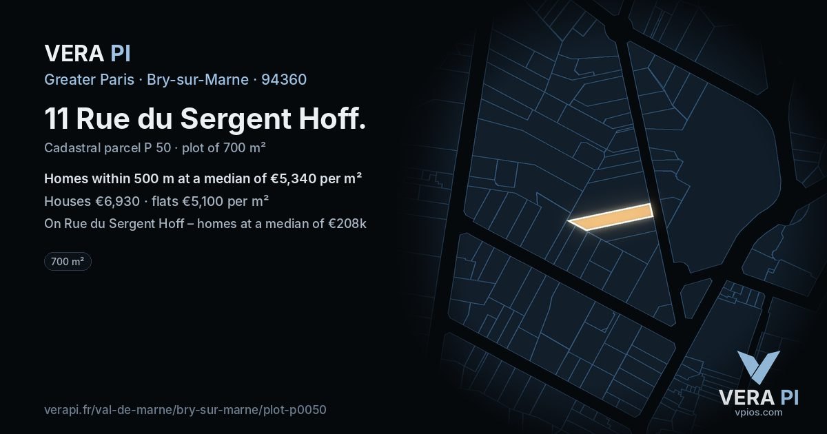 11 Rue du Sergent Hoff, Bry-sur-Marne at night – the plot lit, the parcels around coloured by the prices near them