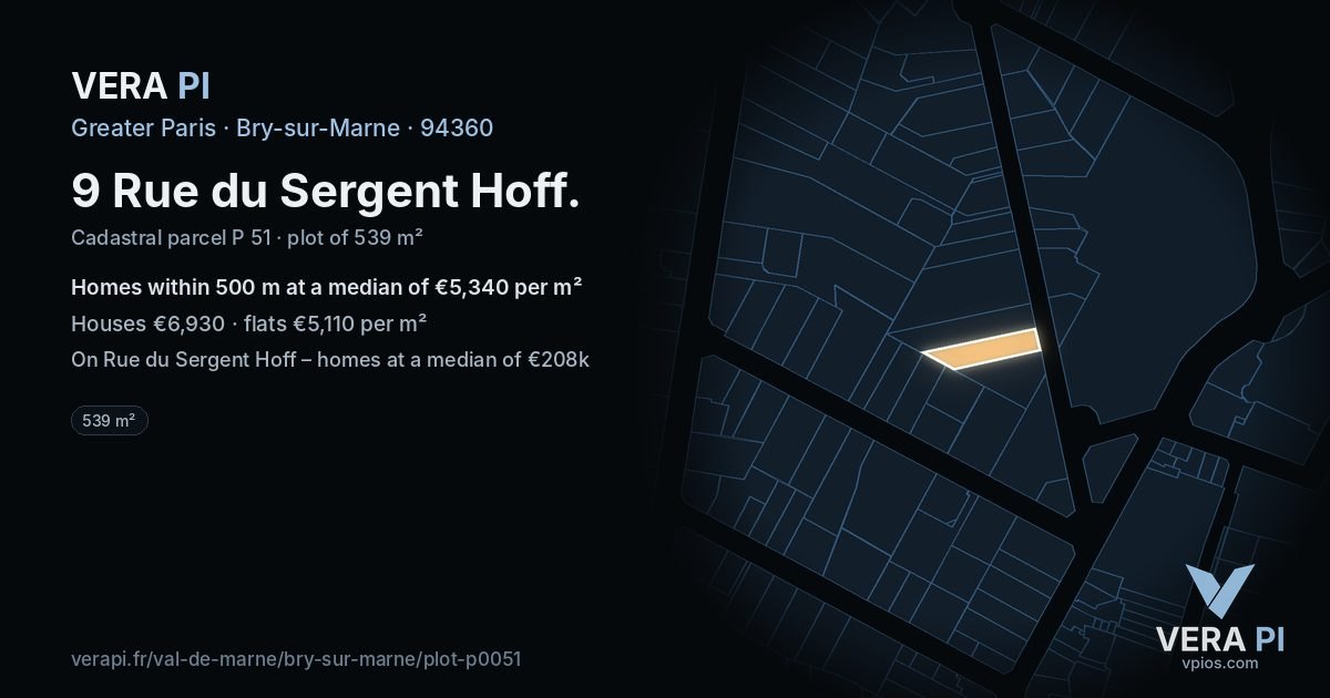 9 Rue du Sergent Hoff, Bry-sur-Marne at night – the plot lit, the parcels around coloured by the prices near them